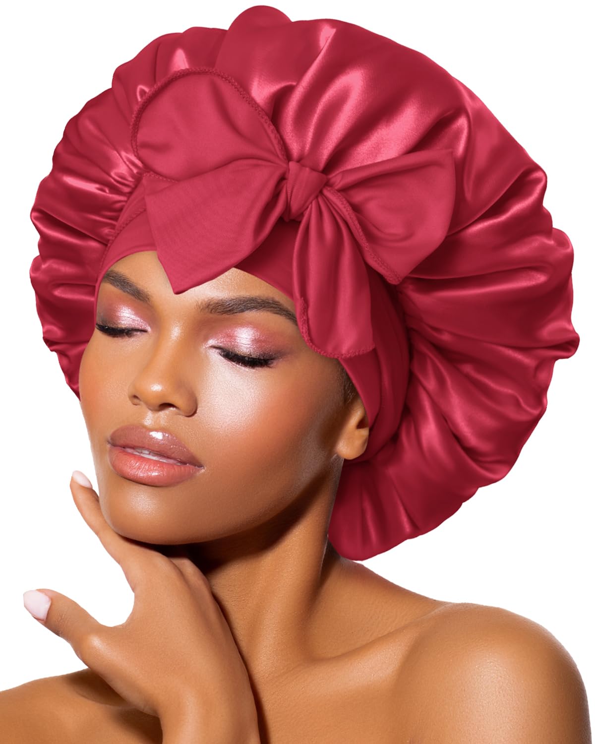 BONNET QUEEN Silk Satin Bonnet for Curly Hair – Adjustable Tie Band, Red