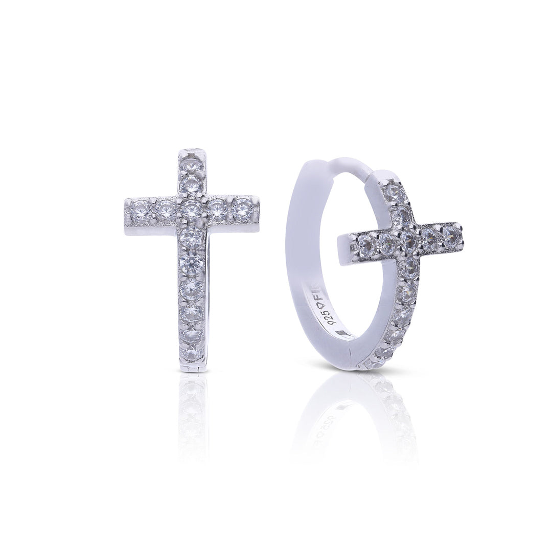 Diamonfire Pave Cross Hoop Earrings by Gecko Jewellery - Silver Finish