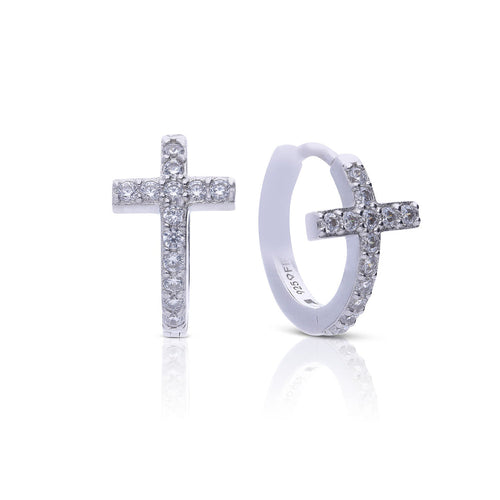Diamonfire Pave Cross Hoop Earrings by Gecko Jewellery - Silver Finish