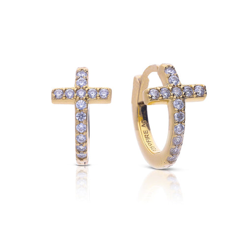 Diamonfire Pave Cross Hoop Earrings by Gecko Jewellery - Silver Finish