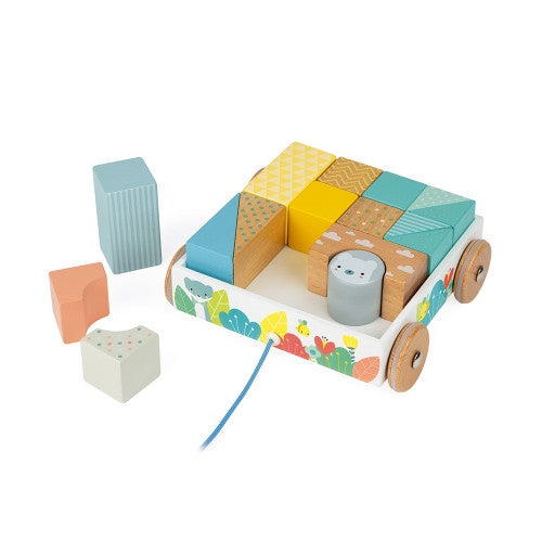 Janod Pure Wooden Pull-Along Blocks Cart