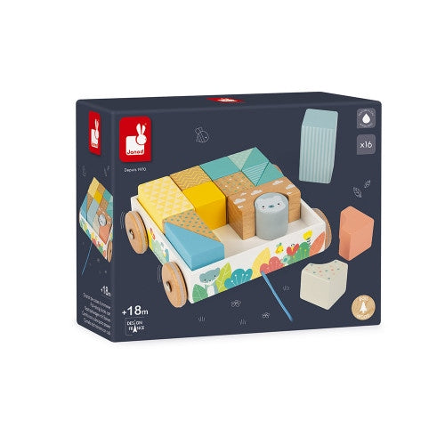 Janod Pure Wooden Pull-Along Blocks Cart