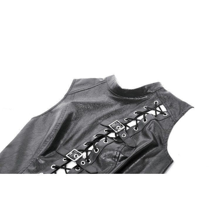 Dark in Love Black Distressed Leather-Look Lace-Up Punk Vest Top