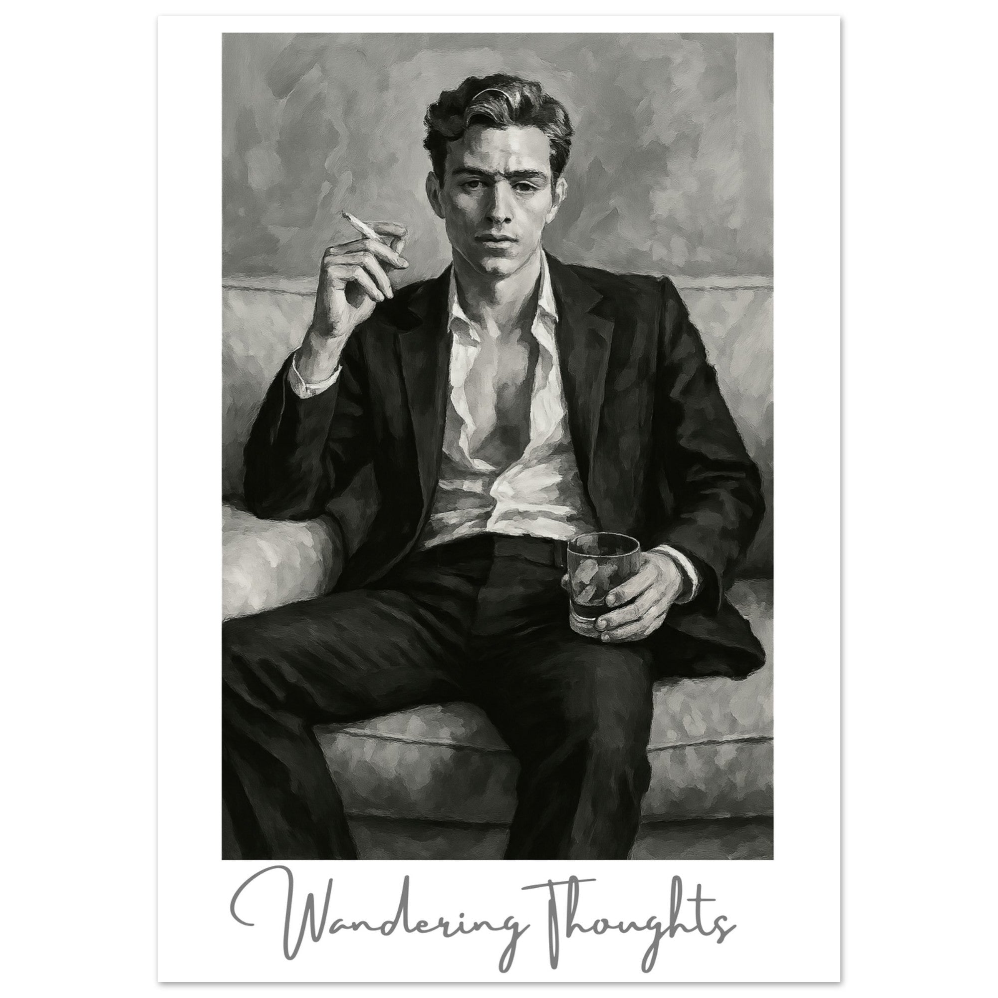 Contemplative Mood Poster. Stylish Man with Whiskey & Cigarette - Retro Decor