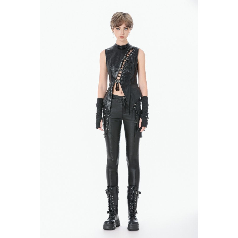 Dark in Love Black Distressed Leather-Look Lace-Up Punk Vest Top
