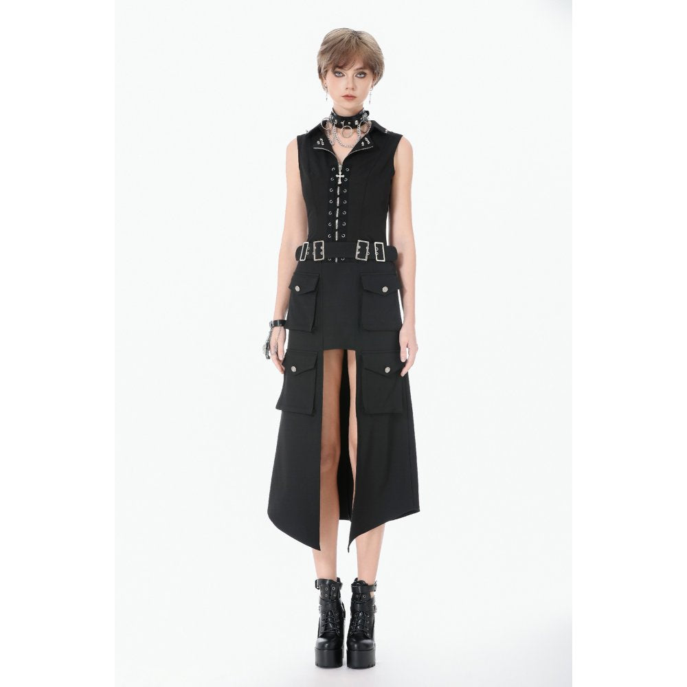 Dark in Love Black Punk Long Skirt – Layered Cutout Belted Gothic Skirt