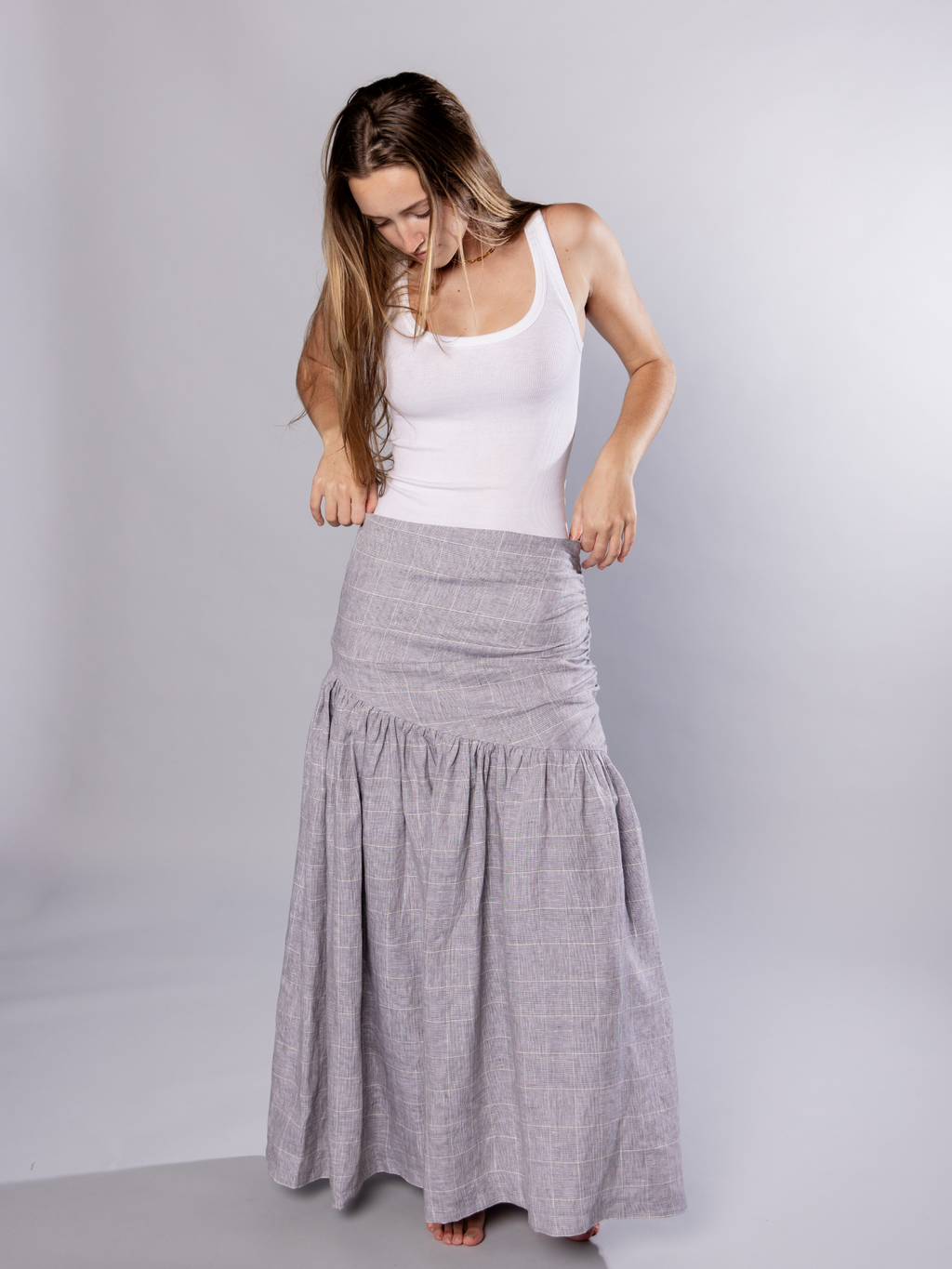 No More Nobody Hilda Organic Irish Linen Gathered Maxi Skirt – Grey Check