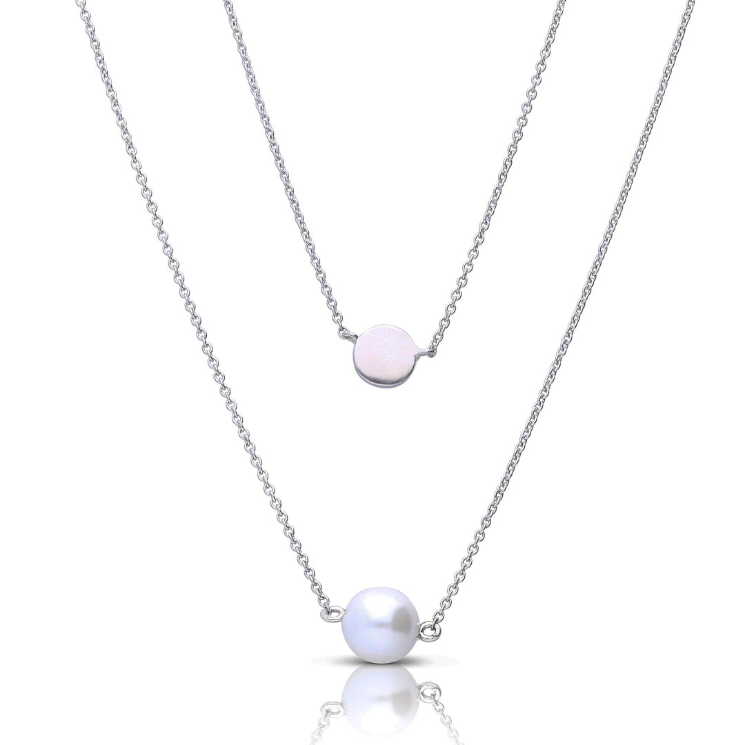 Diamonfire Double Chain Necklace with Shell Pearl in Silver & Gold