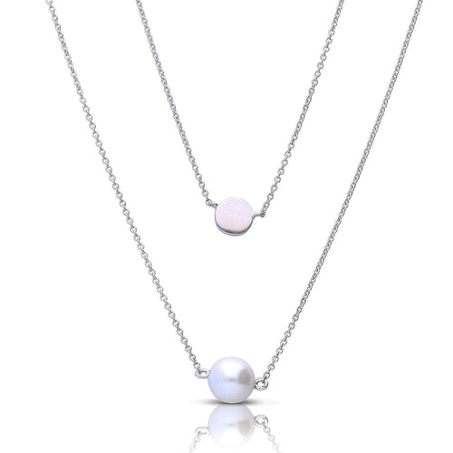 Diamonfire Double Chain Necklace with Shell Pearl in Silver & Gold