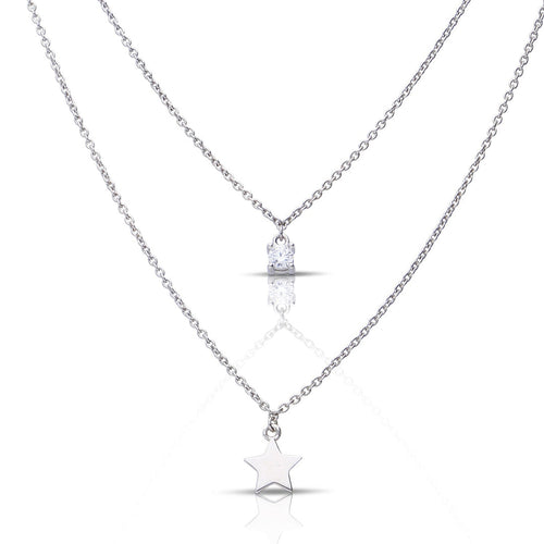 Gecko Jewellery Star and Zirconia Double Chain Necklace in Silver