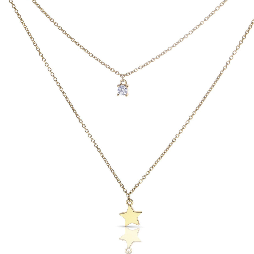 Gecko Jewellery Star and Zirconia Double Chain Necklace in Silver