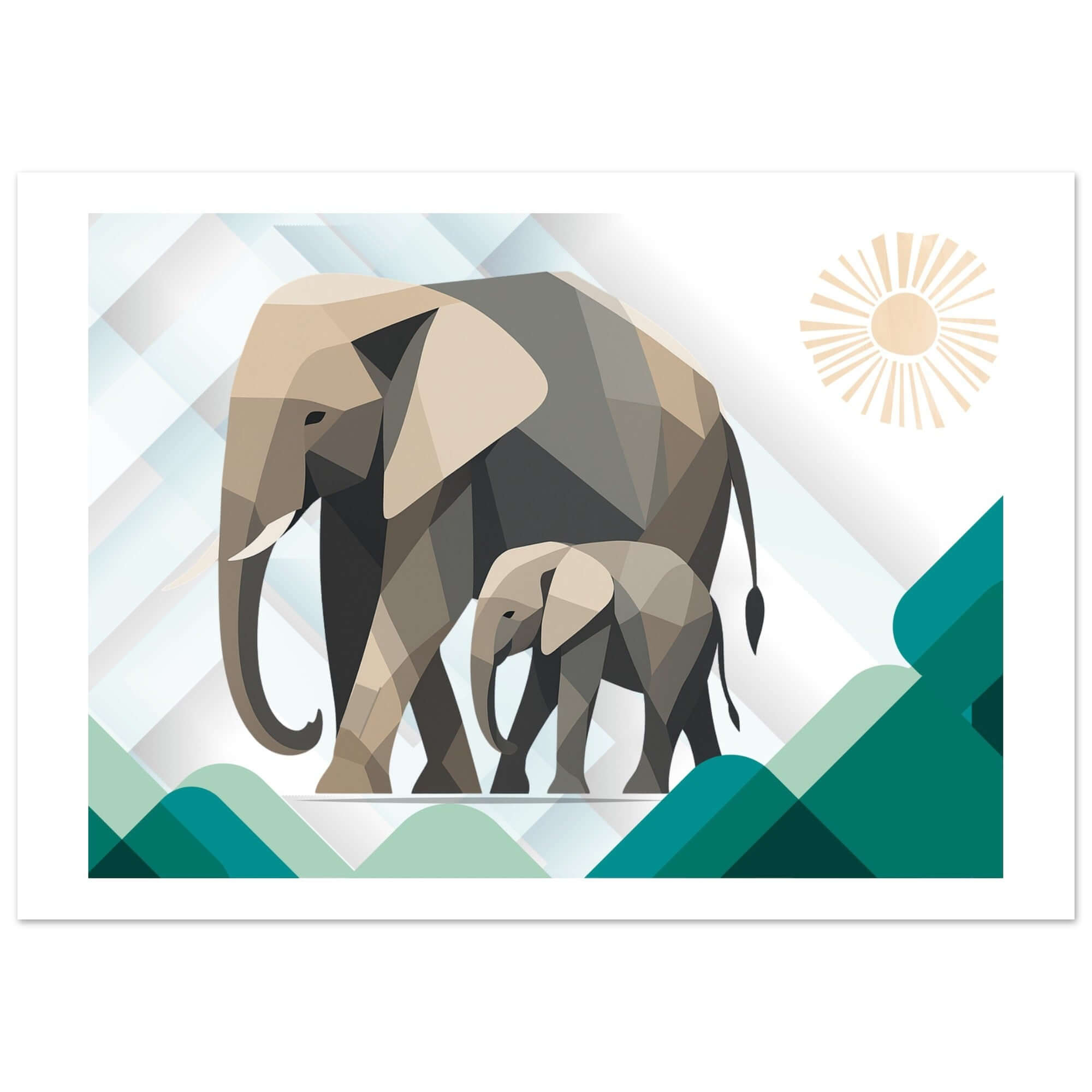 Elephant Duo Wall Art - Neutral Geometric Wildlife Illustration - Eco-Friendly Poster