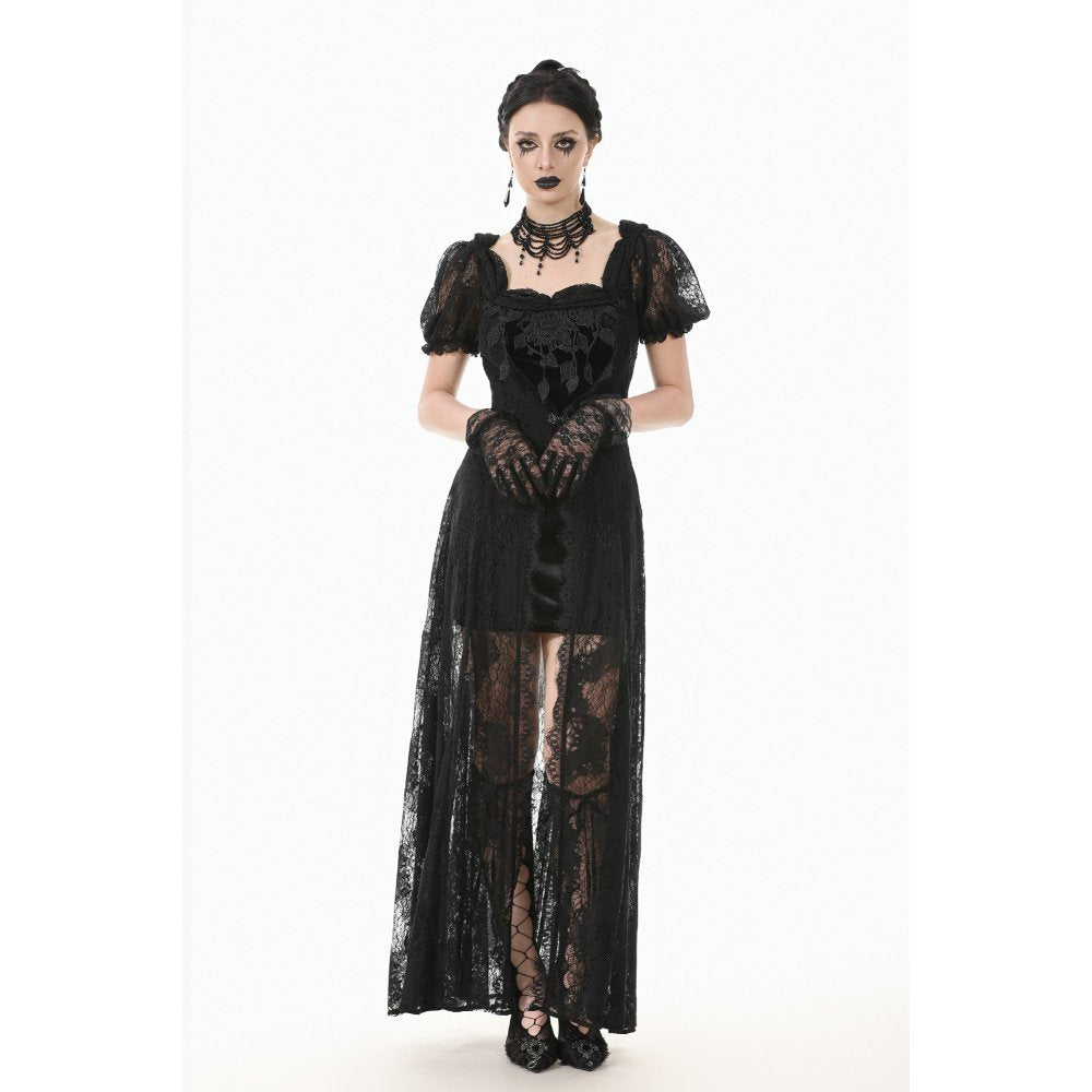 Dark in Love Morwenna Black Lace Gothic Maxi Dress with Train
