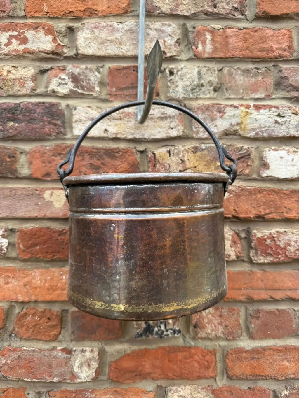Antique Copper Cauldron Pot with Riveted Iron Handle & Dovetail Planter Pot  B