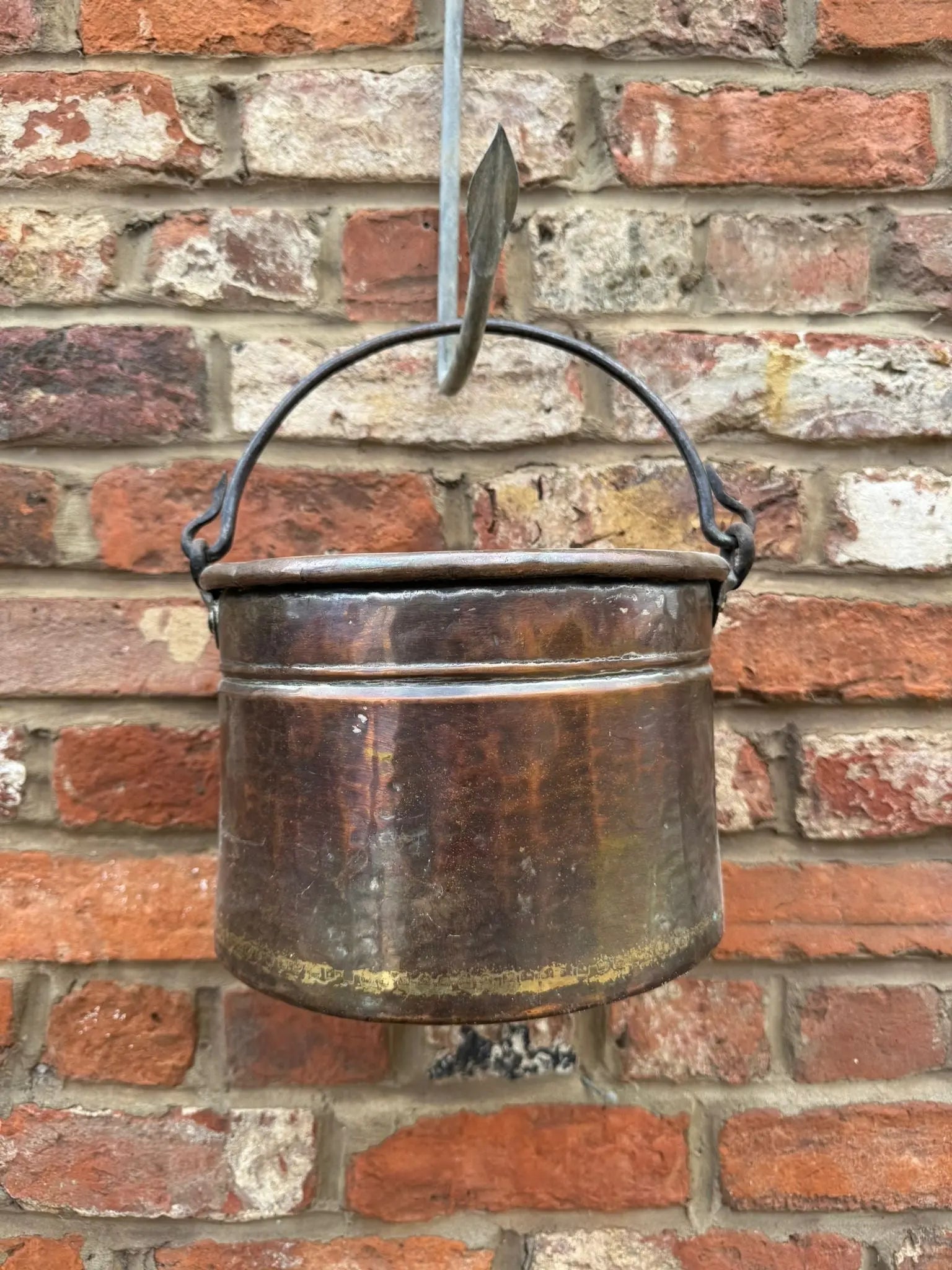 Antique Copper Cauldron Pot with Riveted Iron Handle & Dovetail Planter Pot  B