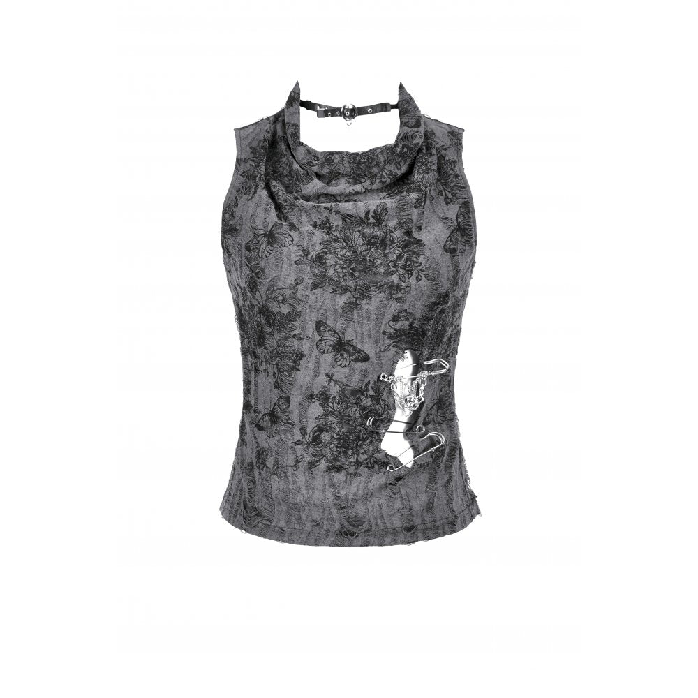 Dark in Love Grey Shredded Butterfly Print Halter Goth Top
