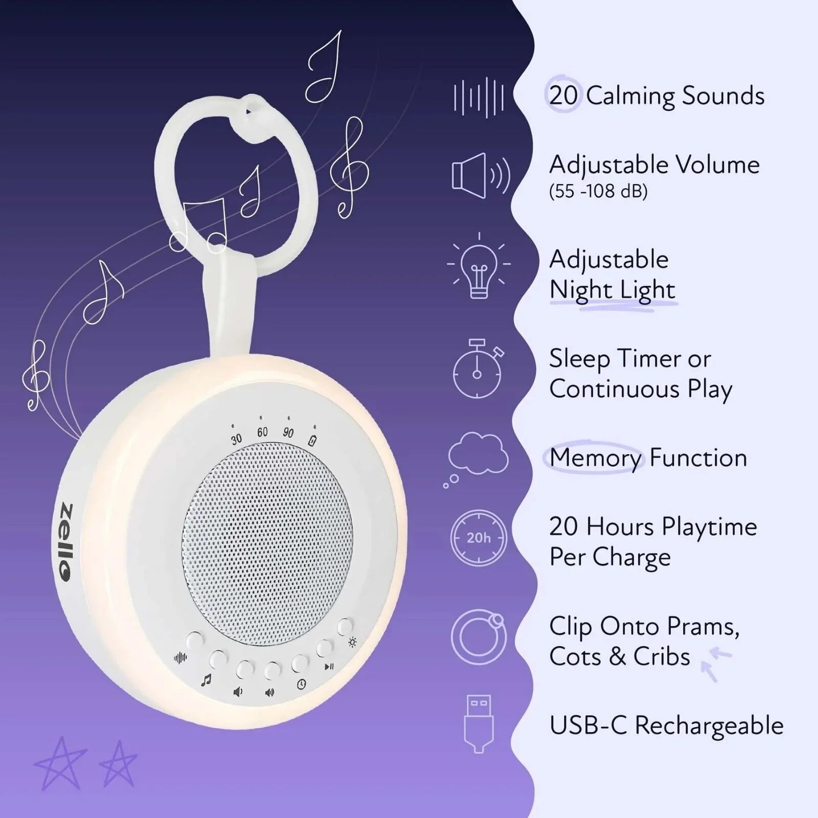 Zello Portable White Noise Machine & Nightlight Baby Sleep Aid
