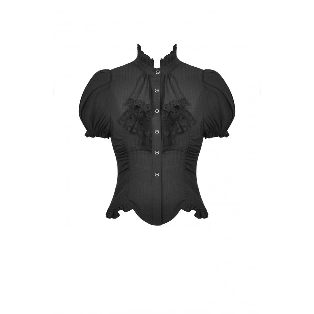Dark In Love Sinead Black Gothic Blouse – Short Puff Sleeve Ruffle Collar