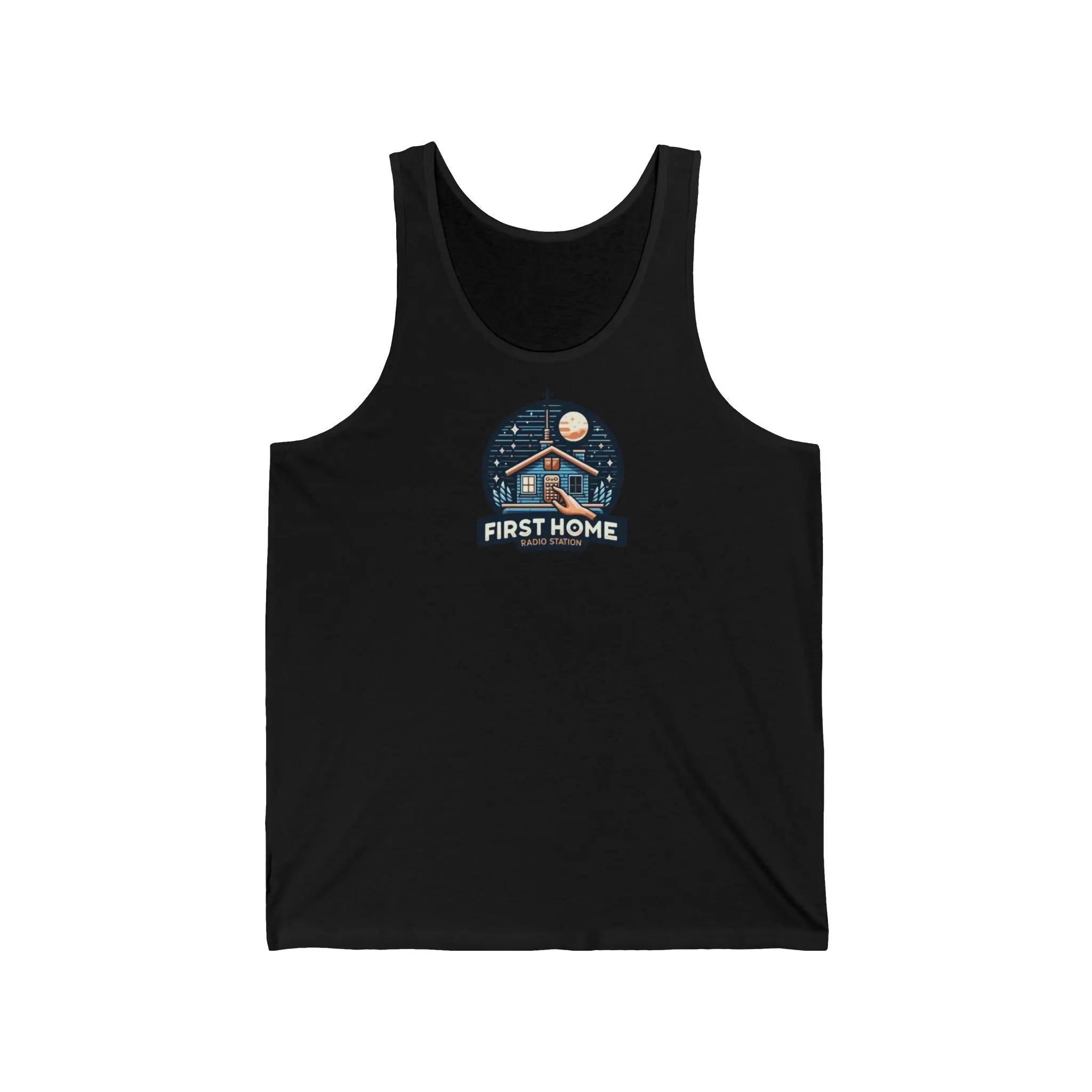 Cozy Unisex Tank Top with 'First Home Radio' Design, Summer Beachwear, Housewarming Gift, Casual Summer Top, Perfect for New Homeowners