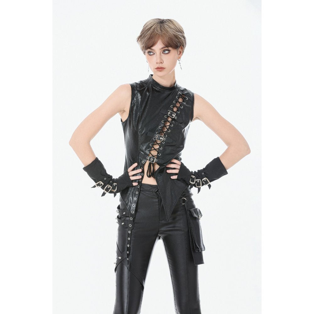 Dark in Love Black Distressed Leather-Look Lace-Up Punk Vest Top