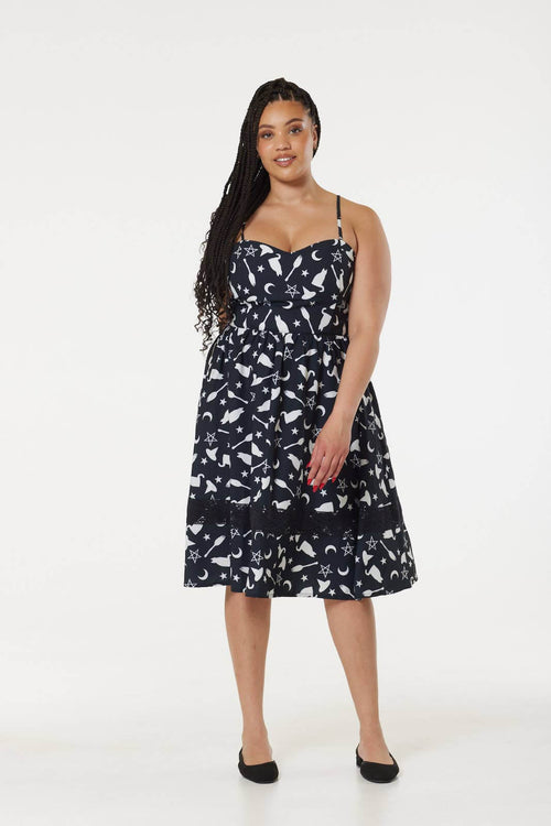 Kate's Clothing Witch Print Midi Fit & Flare Dress with Lace Hem