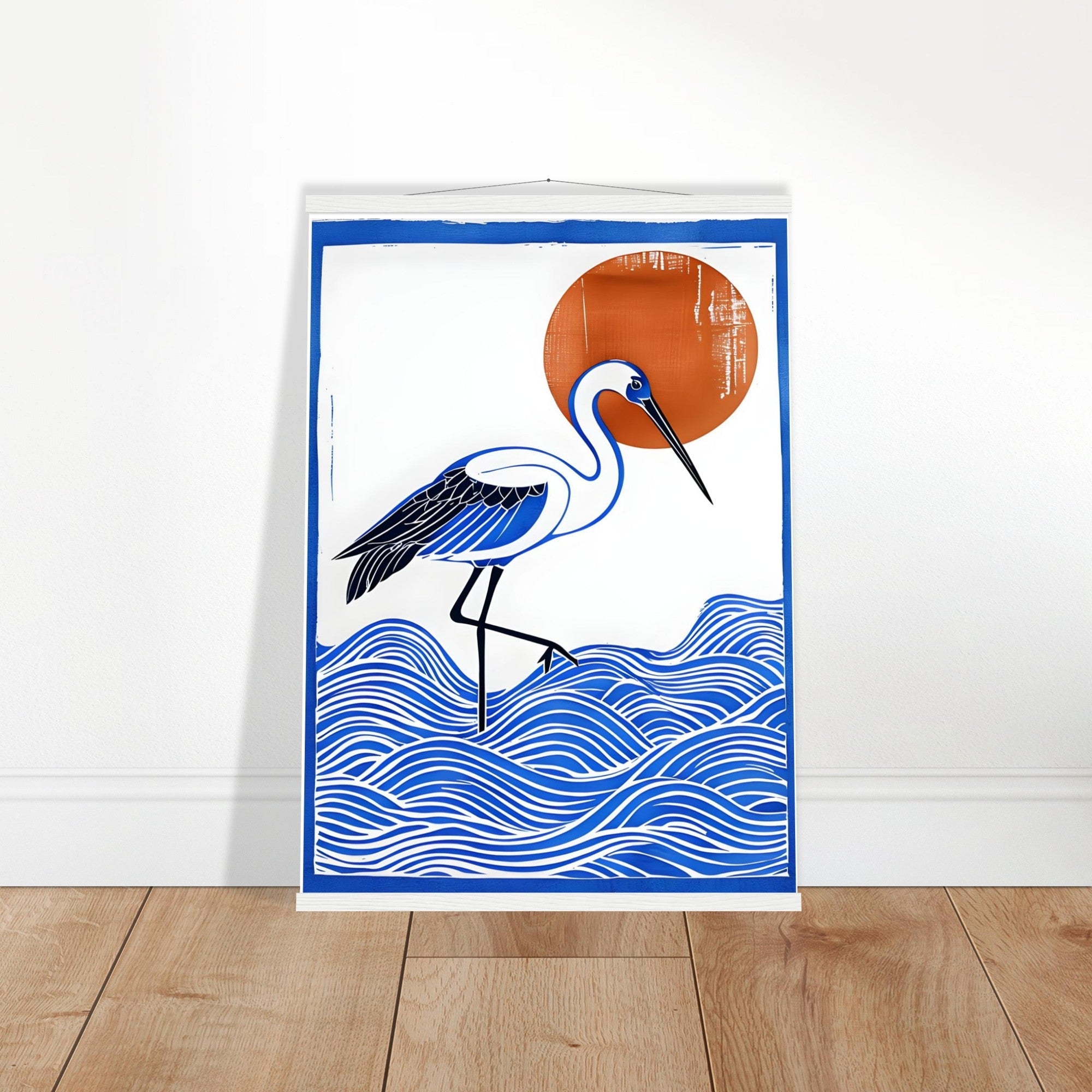 Minimalist Crane Wall Art Poster with Hanger - Japanese Ocean Prints - Modern Home Decor