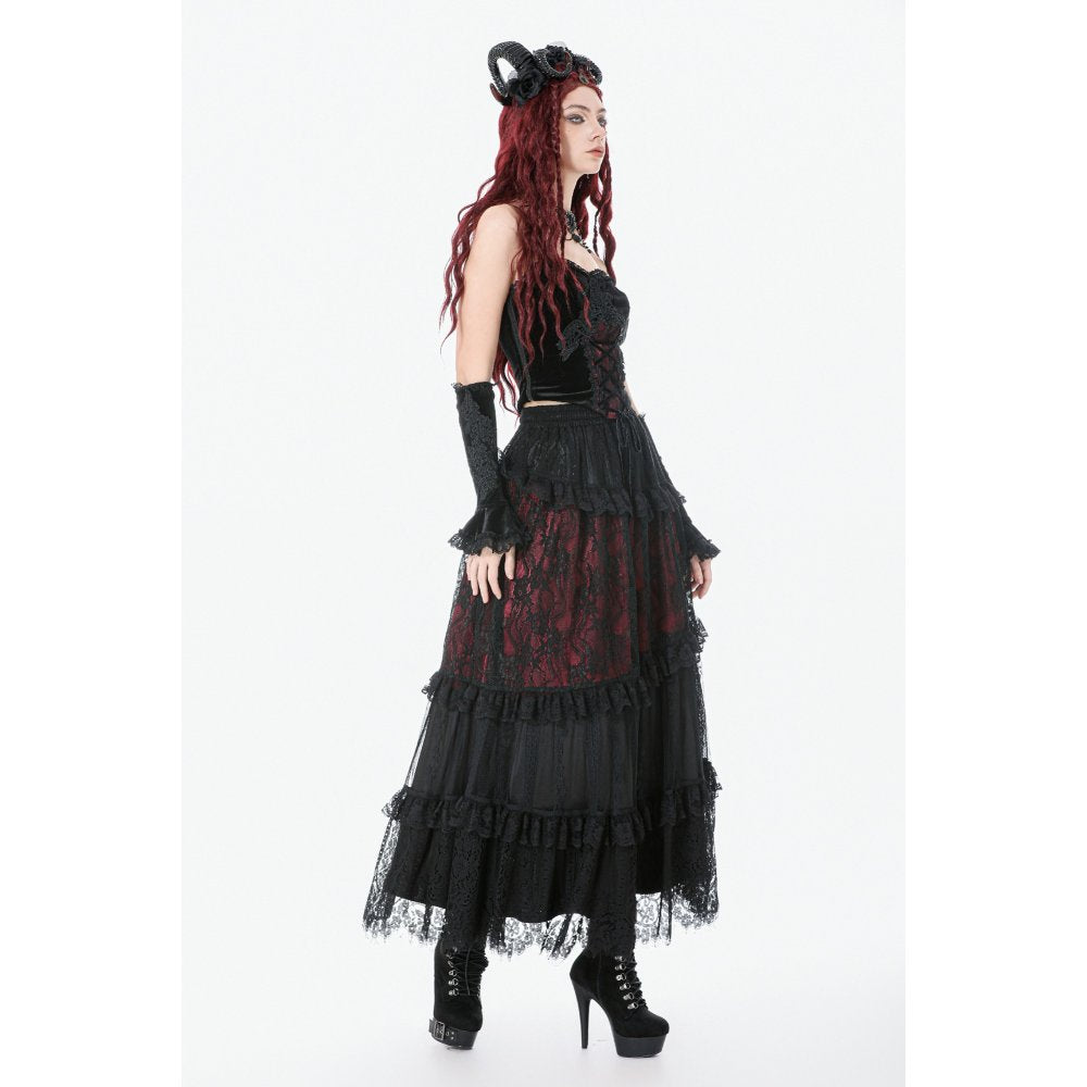 Dark in Love Spliced Lace Maxi Skirt – Gothic Black and Red Layered