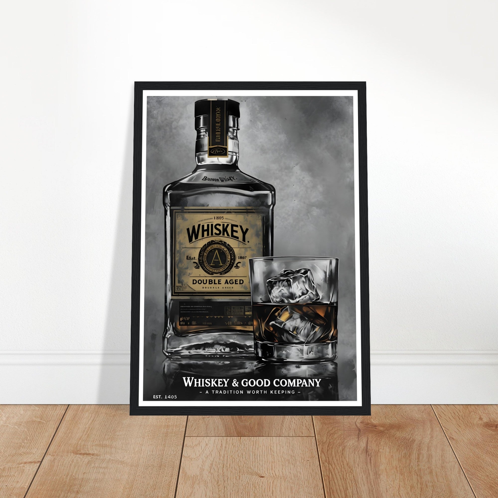 Noir Whiskey Bottle Framed Poster – Sophisticated Wall Art for Home Bars & Lounges