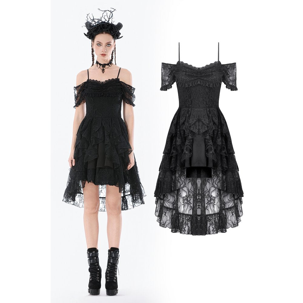 Dark in Love Gothic Lace High-Low Dress – Black Off-Shoulder Gown