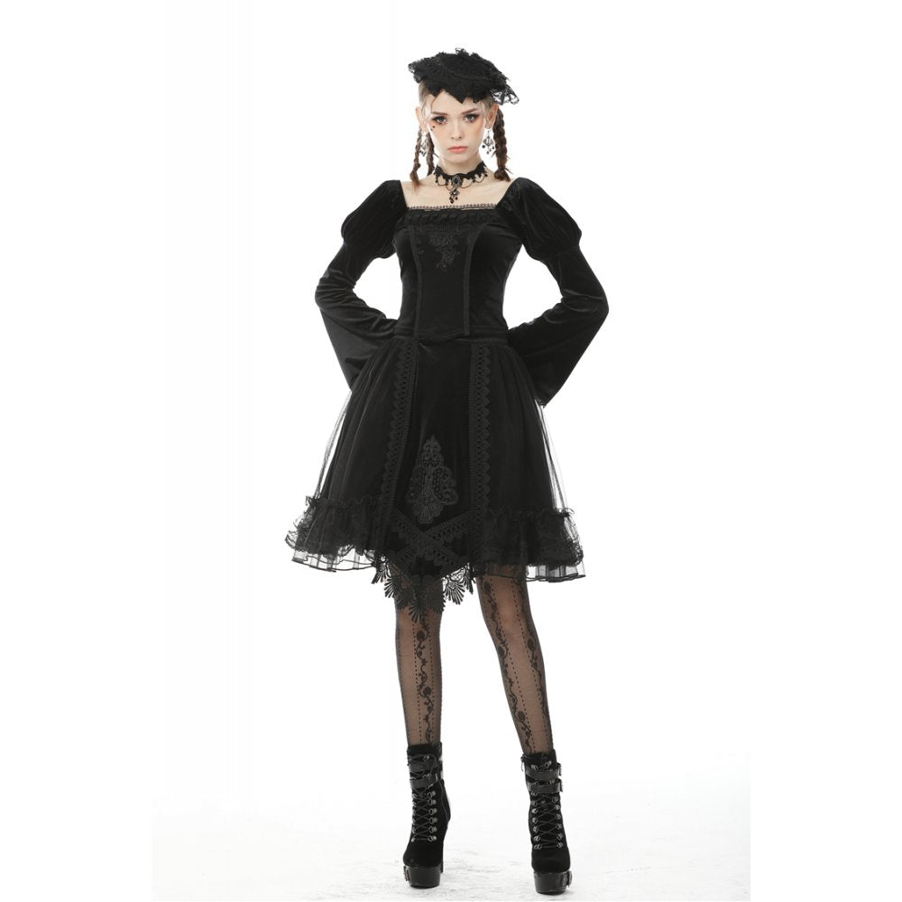 Dark in Love Melisandre Embroidered Velvet Mesh Goth Skirt - Black