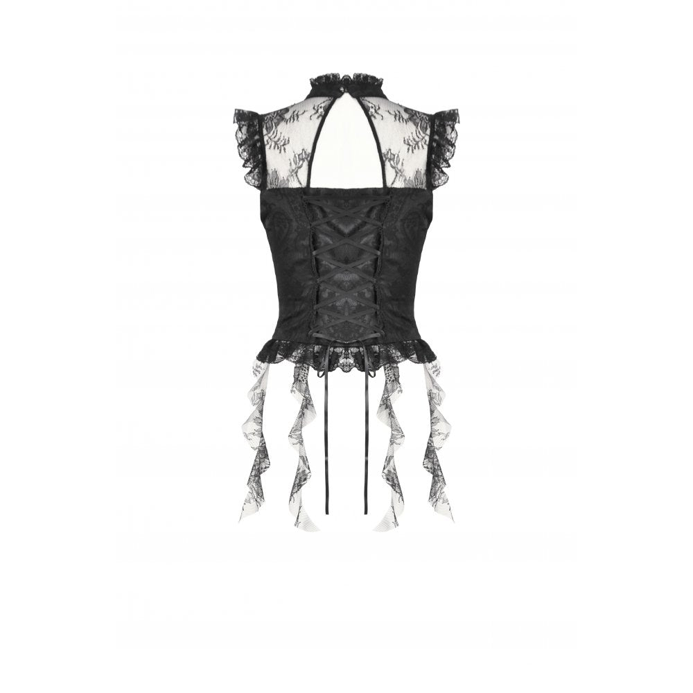 Dark in Love Seraphina Ruched Lace Goth Blouse - Black Satin