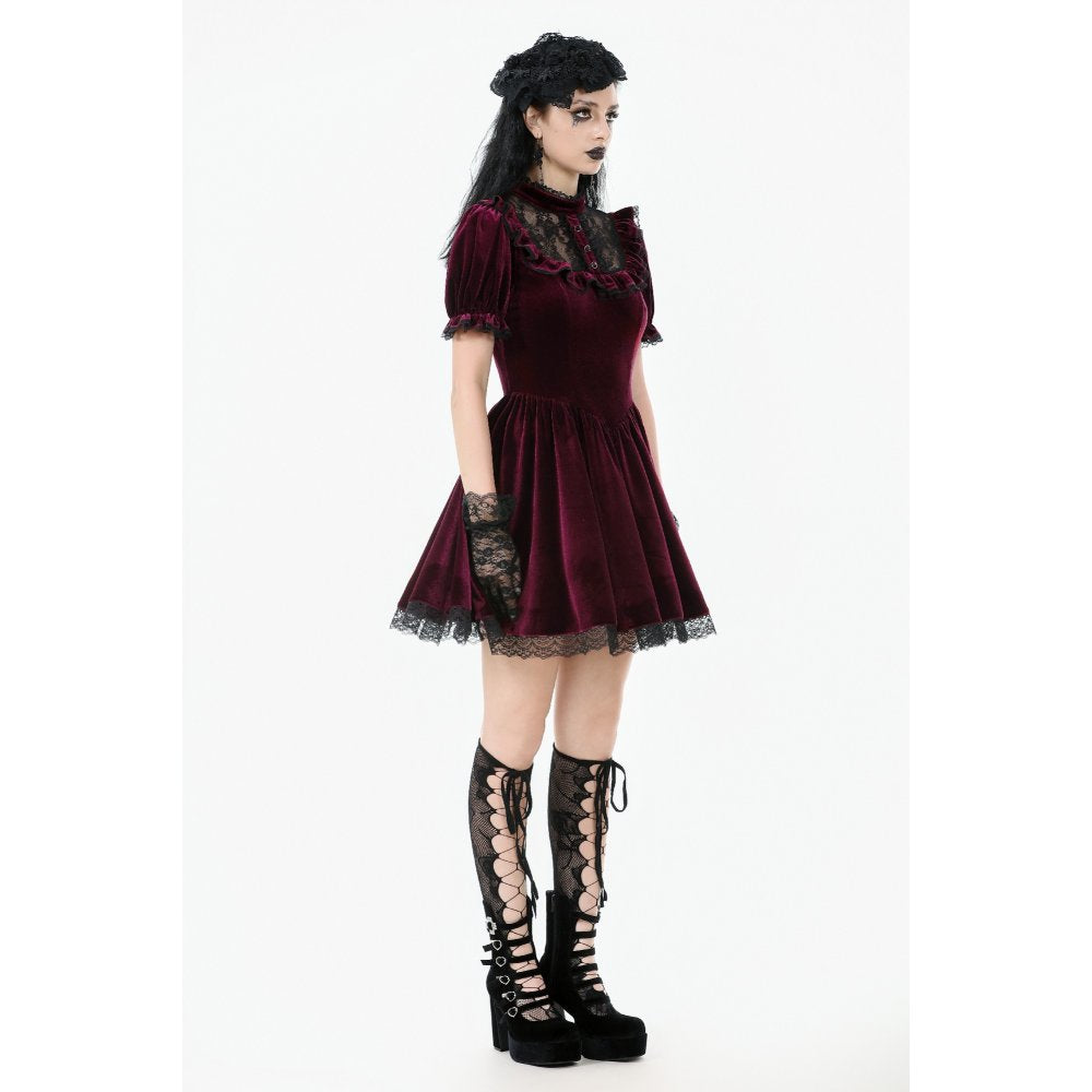 Dark in Love Ophelia Burgundy Velvet Goth Dress with Lace Collar