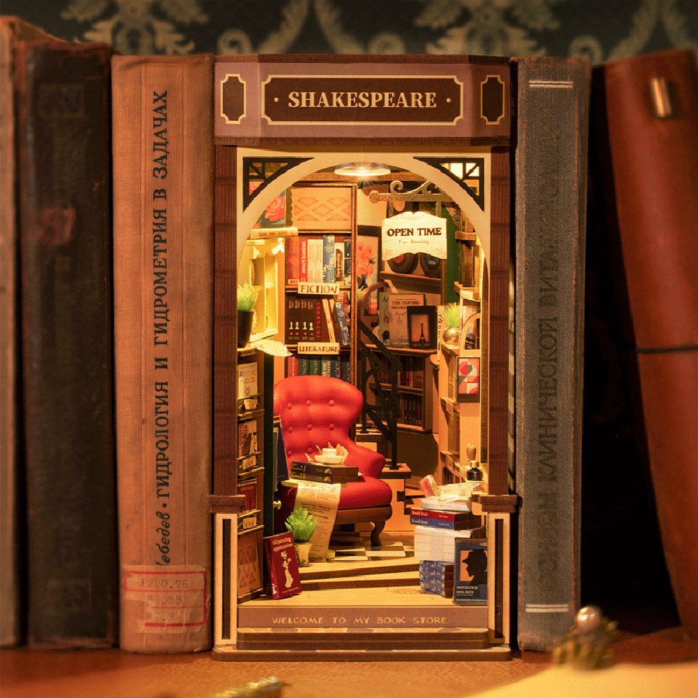 Rolife Shakespeare Bookstore DIY Book Nook Model Kit – 194 Piece Set