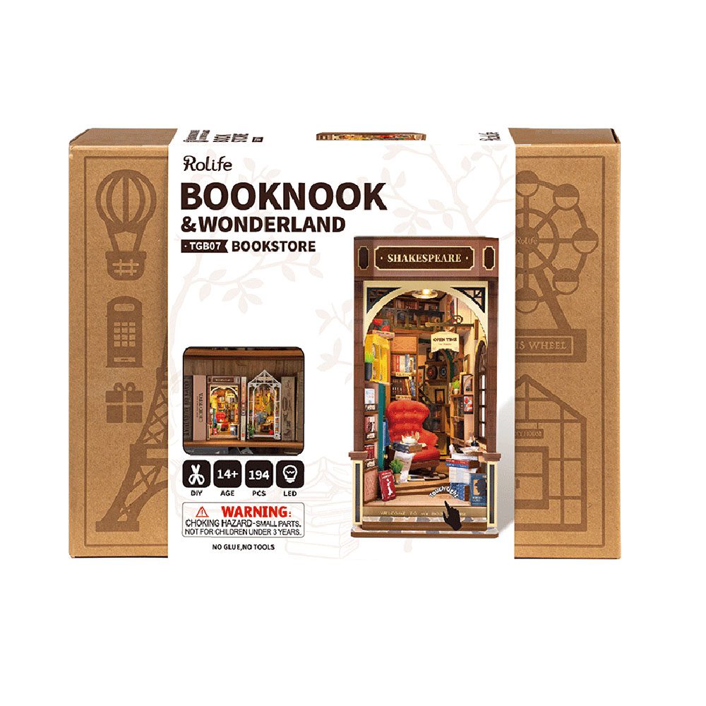 Rolife Shakespeare Bookstore DIY Book Nook Model Kit – 194 Piece Set