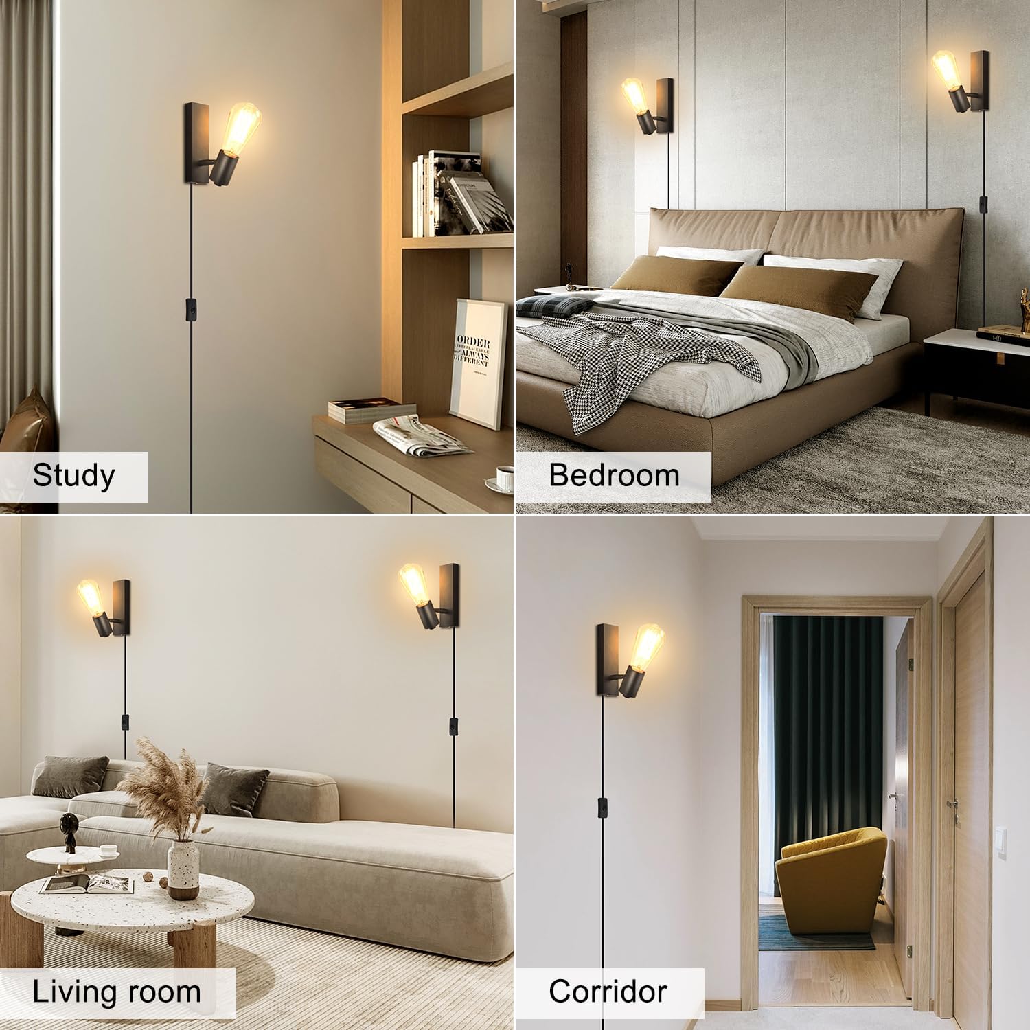 Lightsjoy 2-Pack Rotatable Industrial Plug-In Wall Sconces – Black E27
