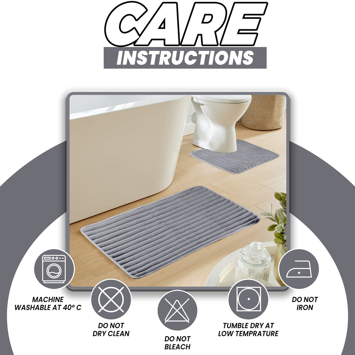 OLIVIA ROCCO 2 Piece Ribbed Bath Mat Set – Charcoal Non-Slip Absorbent Rugs