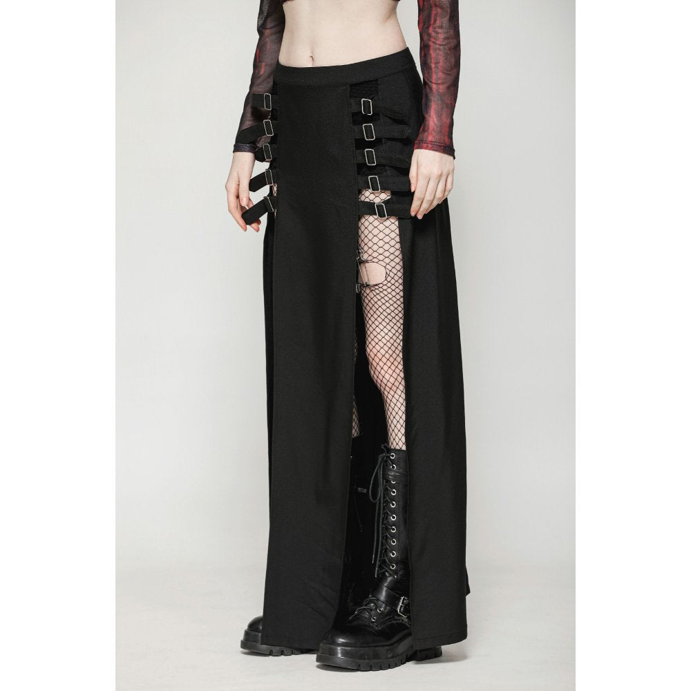 Dark in Love Phoenix Black Slit Maxi Skirt | Goth Faux Leather Buckle