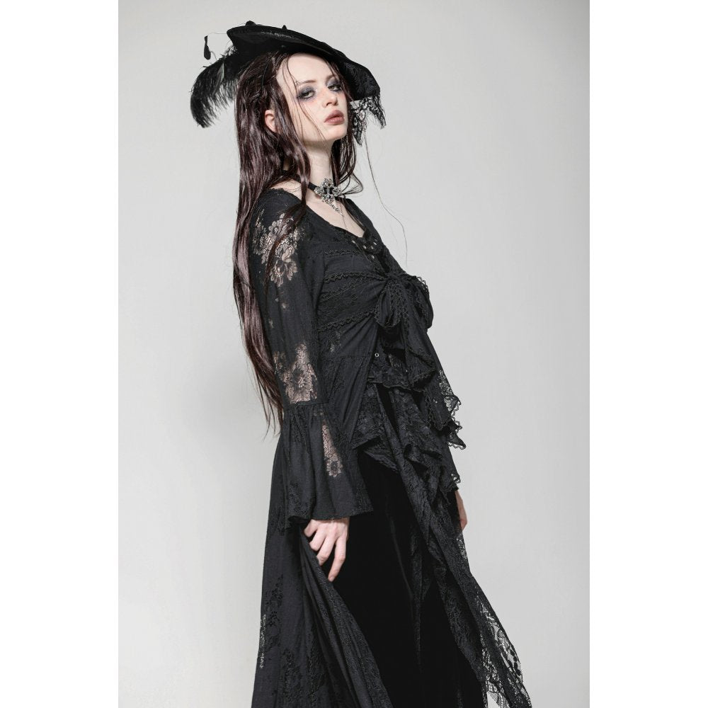 Dark in Love Emersyn Gothic Long Robe – Floral Lace Bell Sleeve