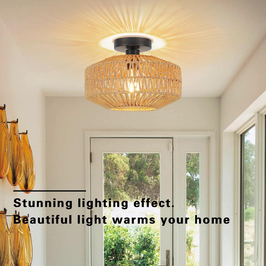 Schindora Boho Rattan Ceiling Light – Rustic Braided Woven Lamp Shade