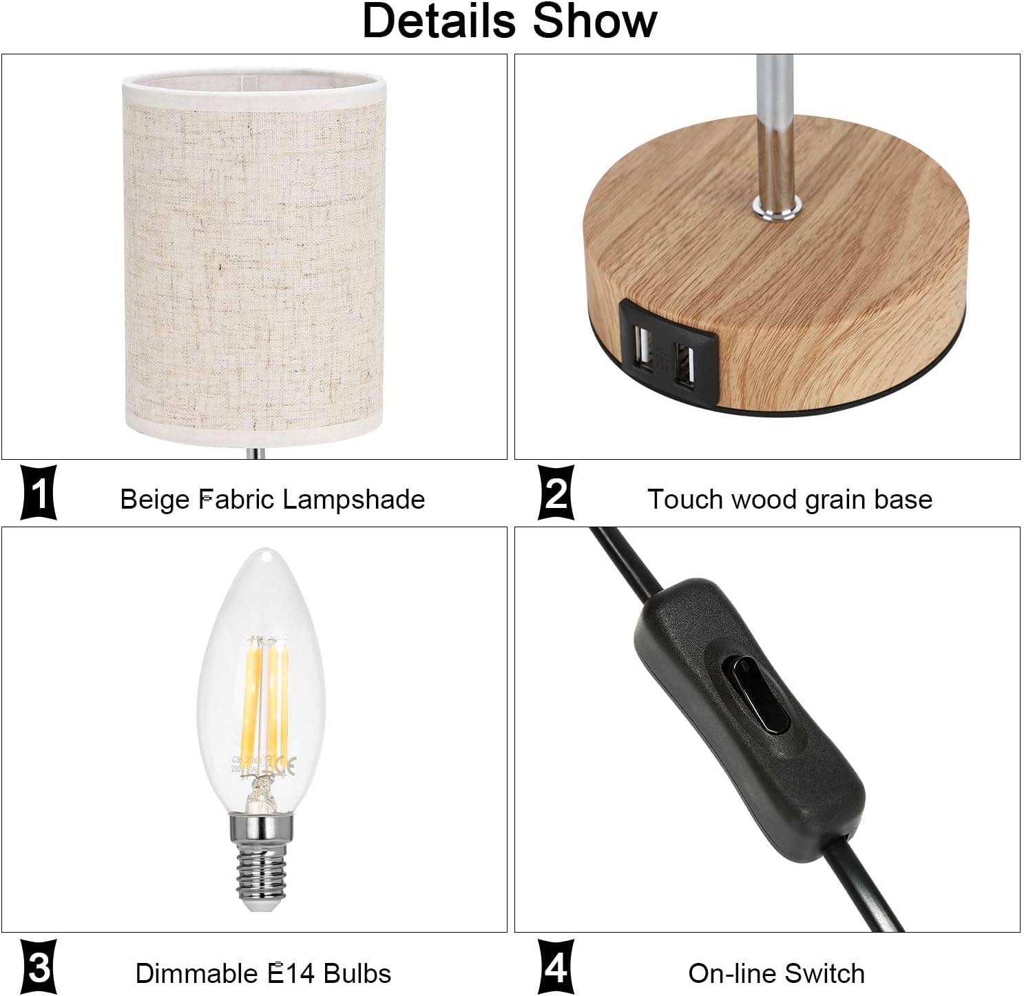 Lightess Touch Bedside Lamps - Set of 2 Dimmable Wood USB Table Lamps
