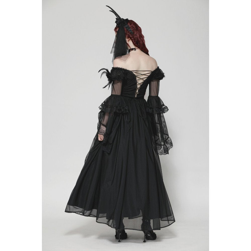 Dark in Love Millicent Black Tulle Feather Gothic Dress with Lace