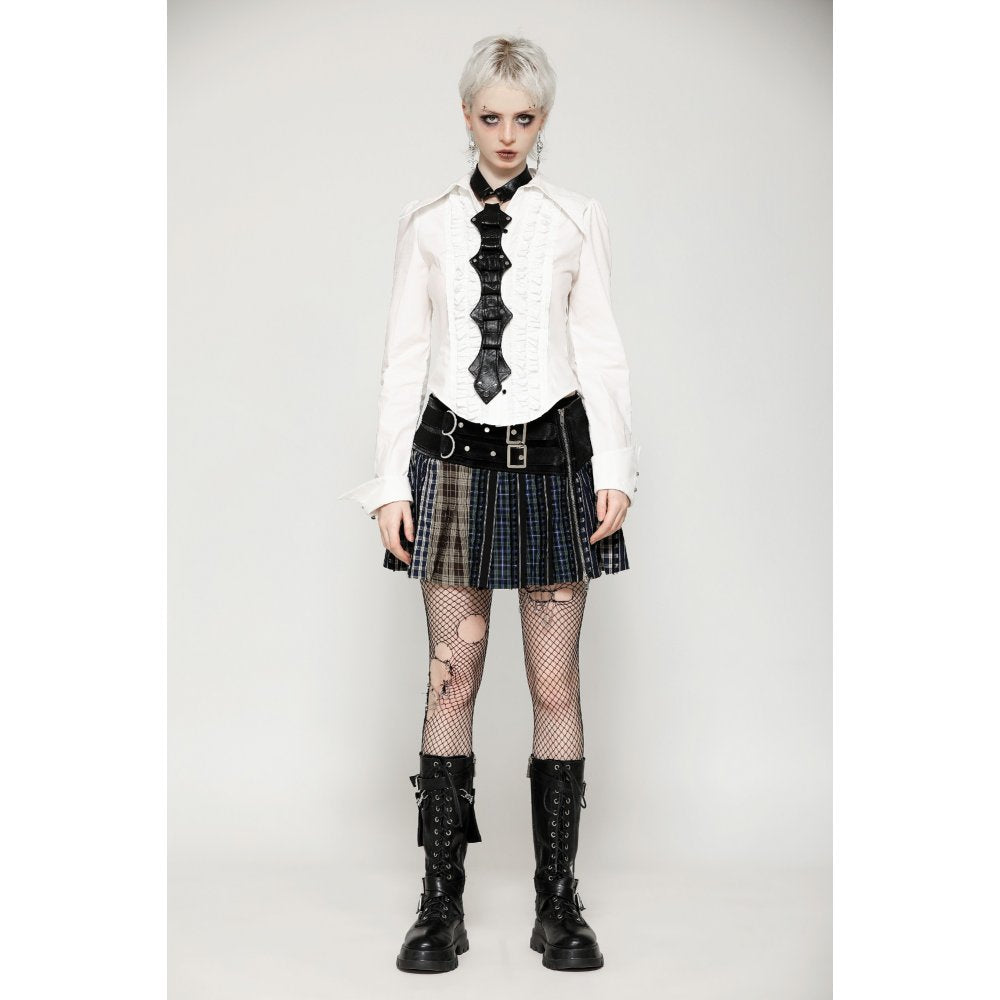 Dark in Love Sage Plaid Patchwork Pleated Mini Skirt with Leather Waist