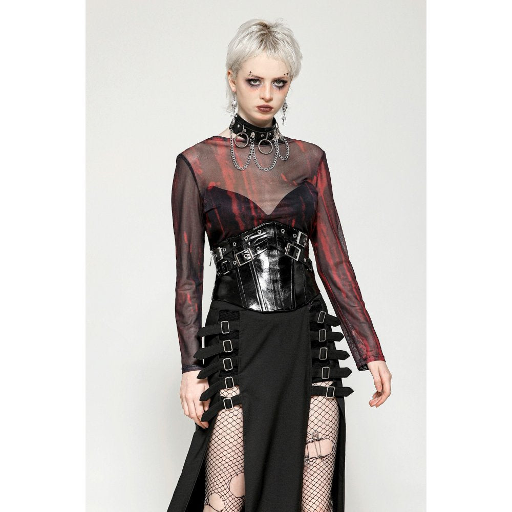 Dark in Love Carson Black and Red Tie-Dye Mesh Gothic Basic Top