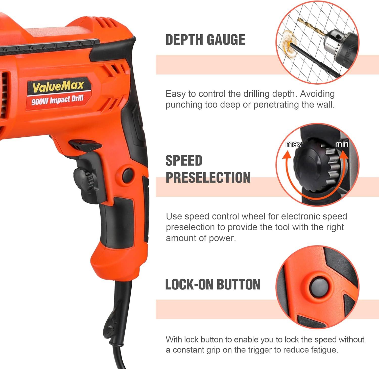 ValueMax 900W Corded Impact Drill - 13mm Chuck Variable Speed Combi Tool