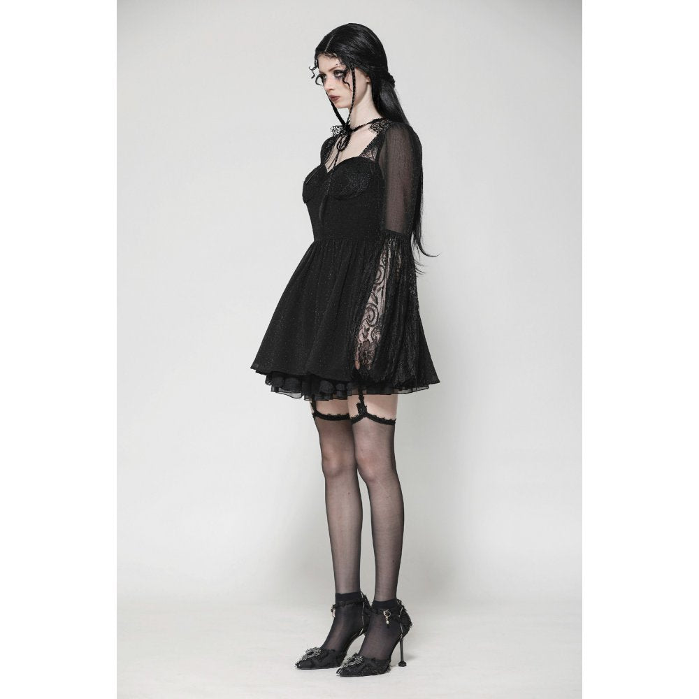 Dark in Love Greta Gothic Lace-Up Mesh Dress – Black Bell Sleeve