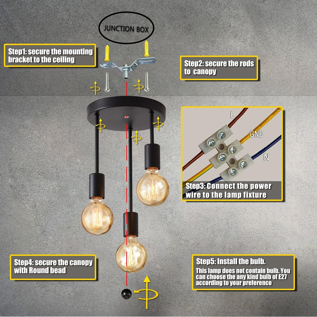 Lightsjoy 3-Way Black Ceiling Spotlight – Industrial E27 Metal Light