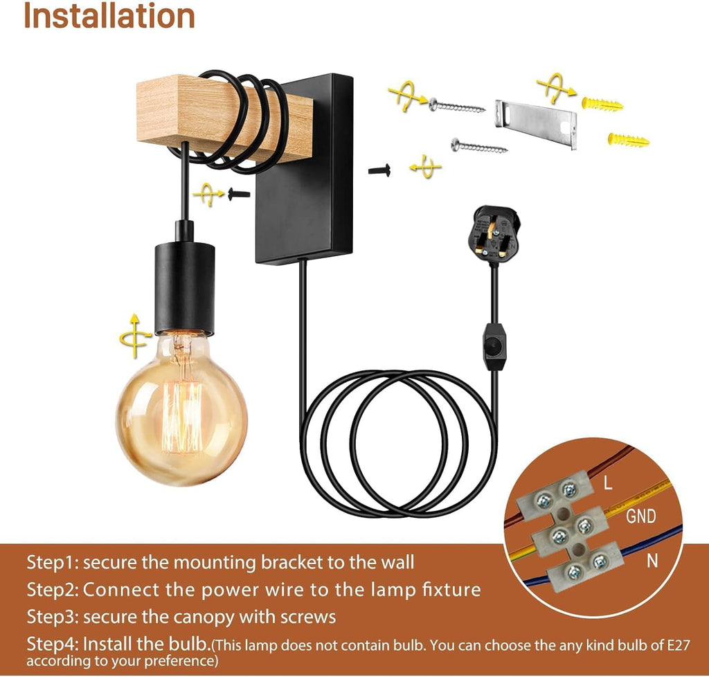 Lightess Dimmable Plug-In Wall Sconces – 2-Pack Black Wood Lighting