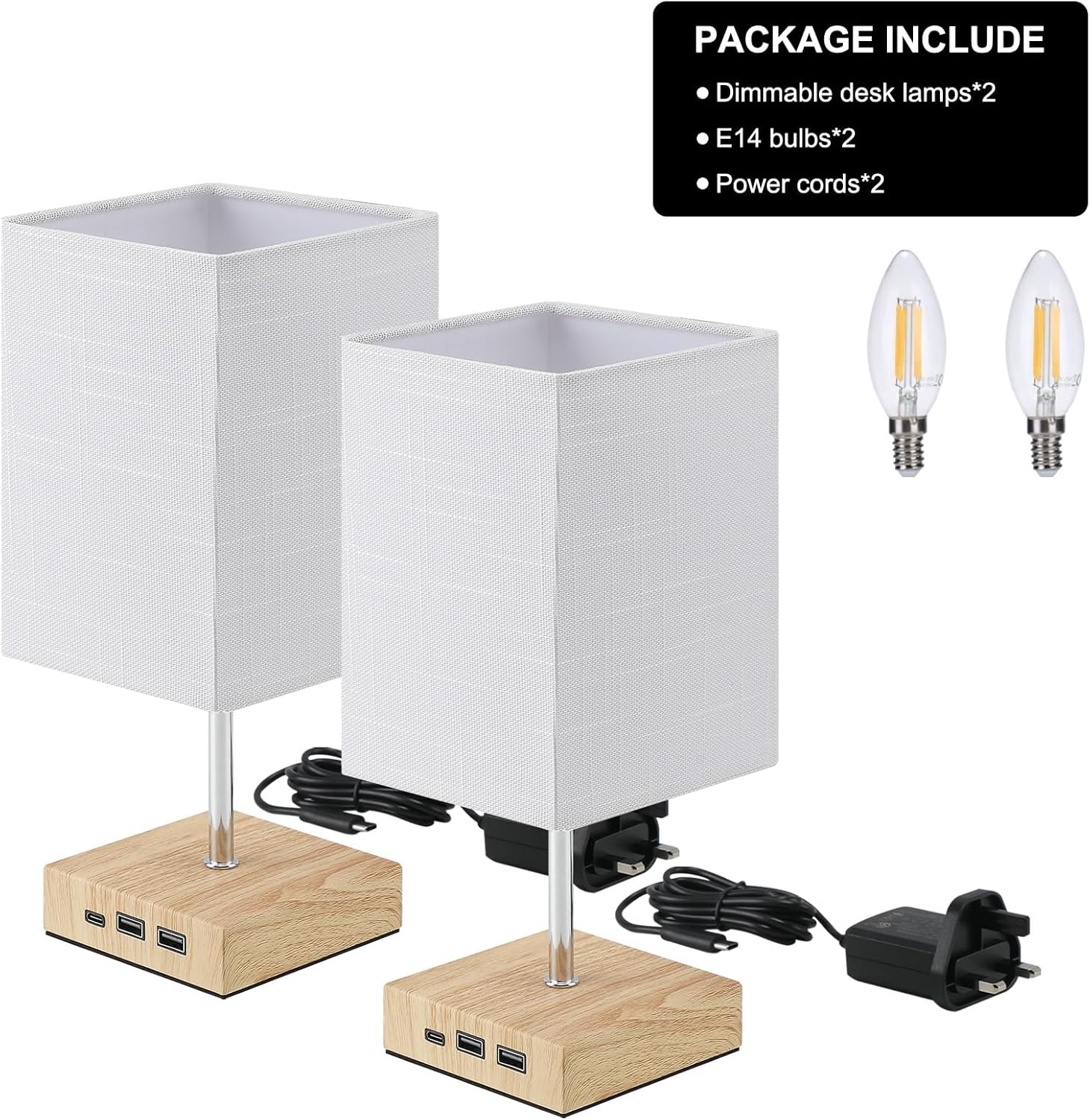 Lightsjoy Touch Bedside Lamps 2-Pack | Stepless Dimmable USB C & A