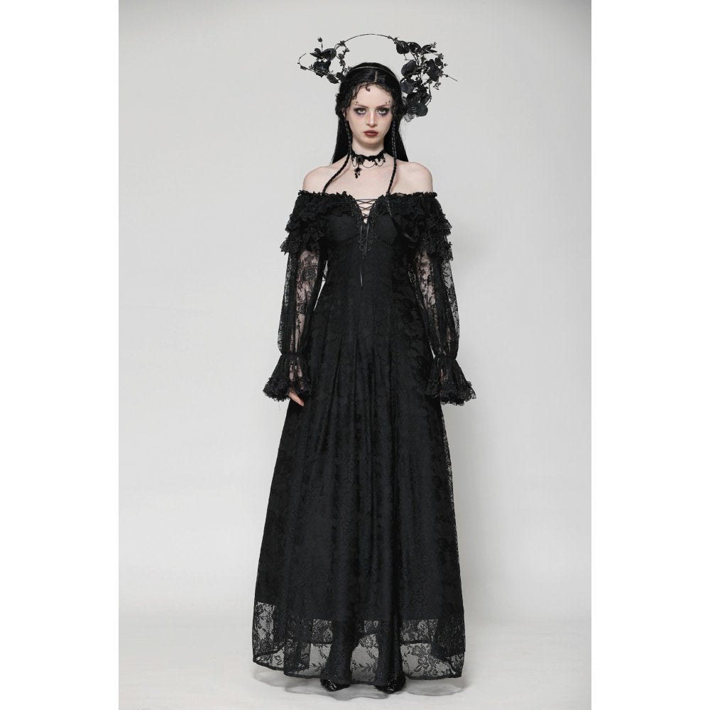 Dark in Love Cosette Gothic Maxi Dress – Lace Ruffle Off-Shoulder