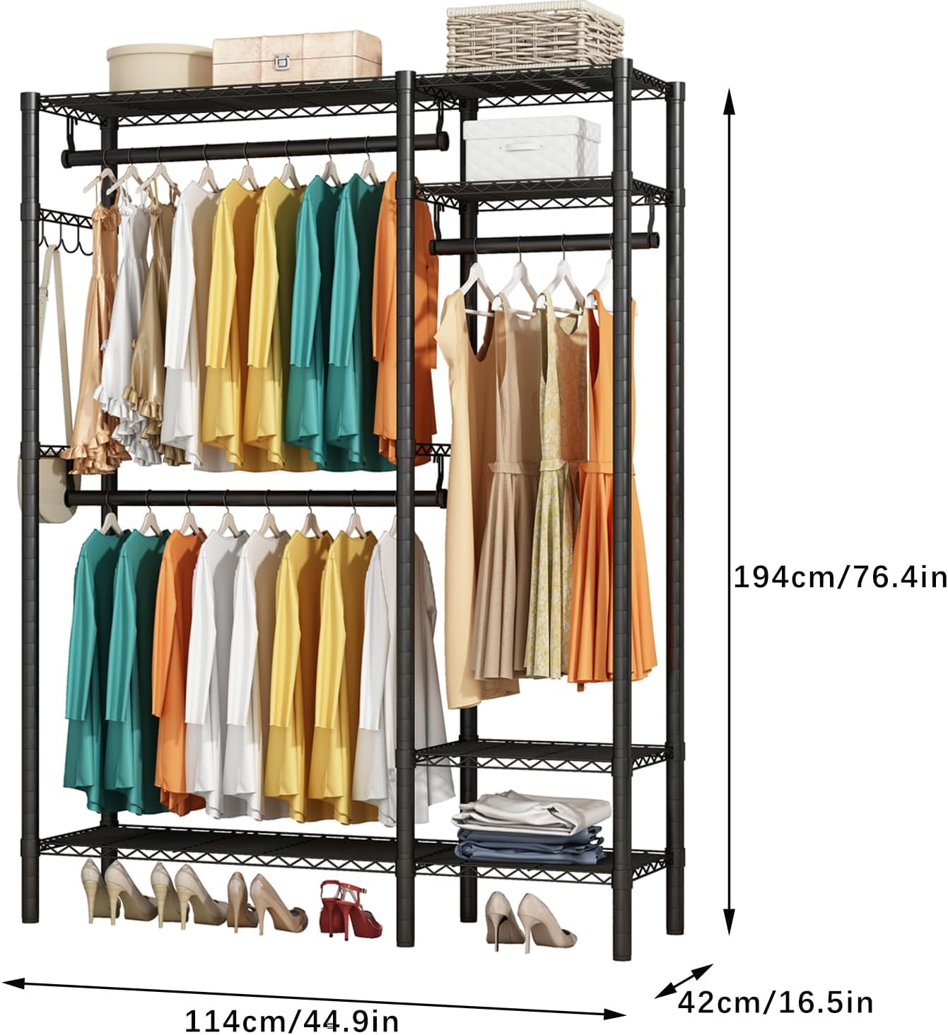 KZOBYD Heavy Duty Metal Clothes Rack | 3 Rods & 4 Adjustable Shelves